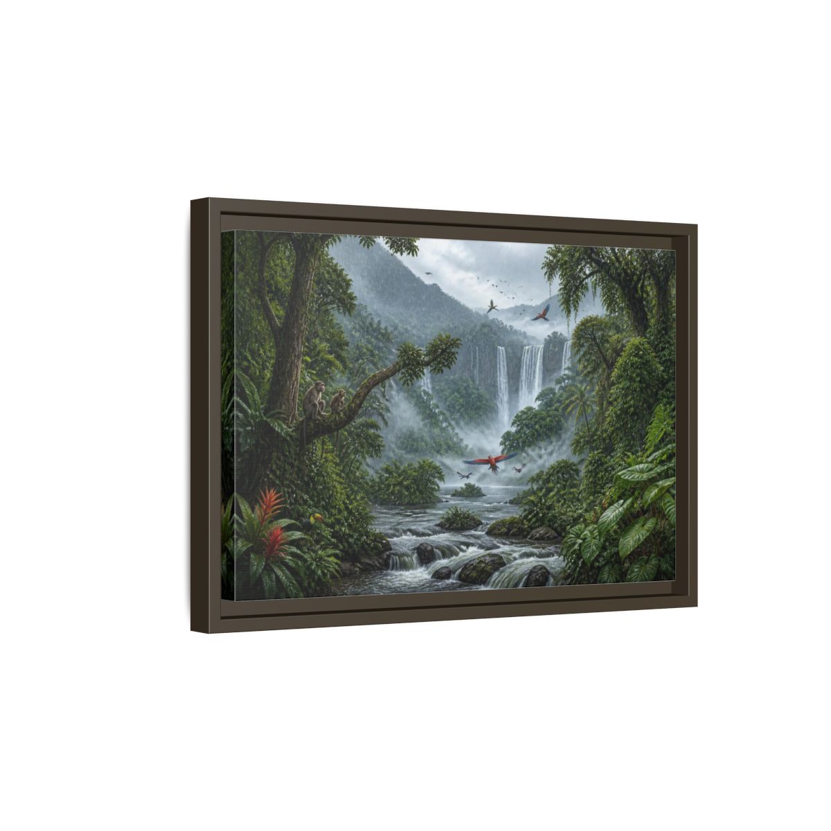 Side Mockup 5. Misty Jungle Waterfall shown as framed canvas print