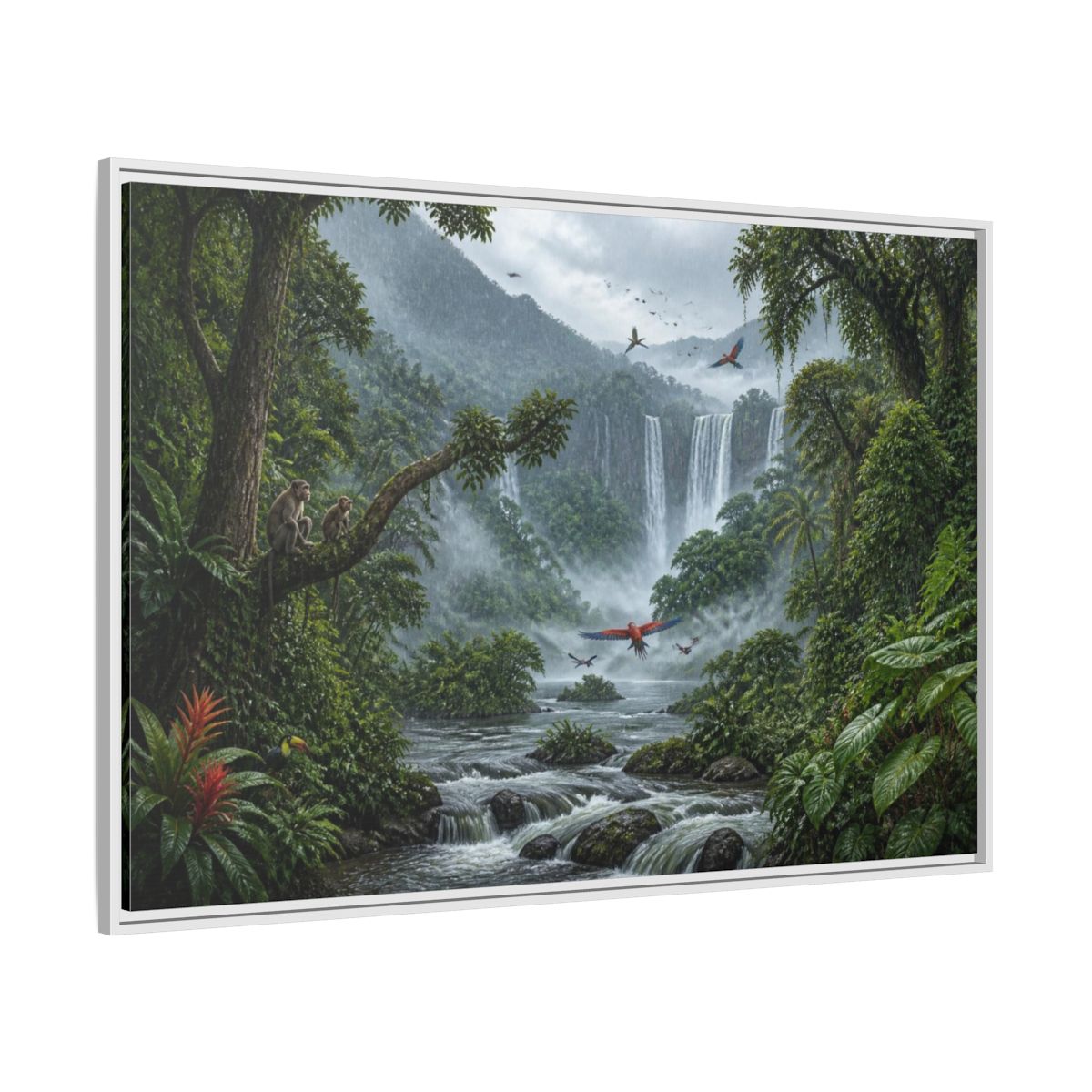 Side Mockup 7. Misty Jungle Waterfall shown as framed canvas print