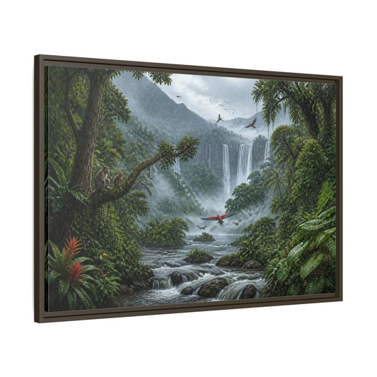 Main Mockup. Misty Jungle Waterfall shown as framed canvas print