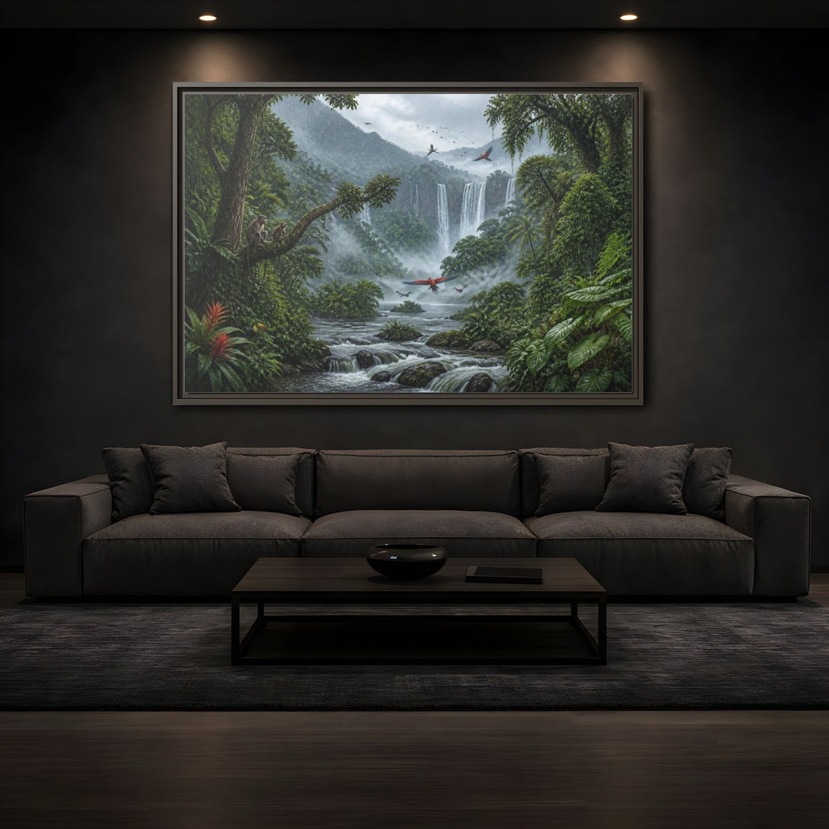 Mockup 3. Misty Jungle Waterfall shown as framed canvas print