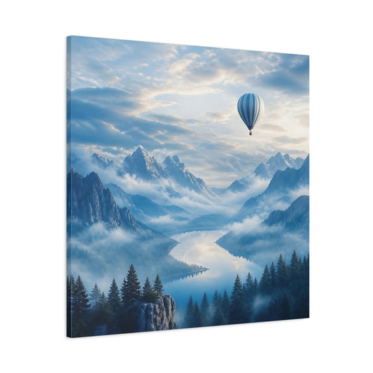 Main Mockup. Misty Mountain Landscape With Balloon shown as canvas print