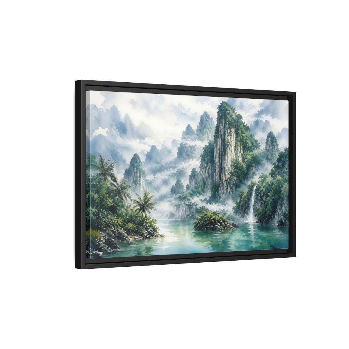Side Mockup 3. Misty Mountain Waterfall shown as framed canvas print