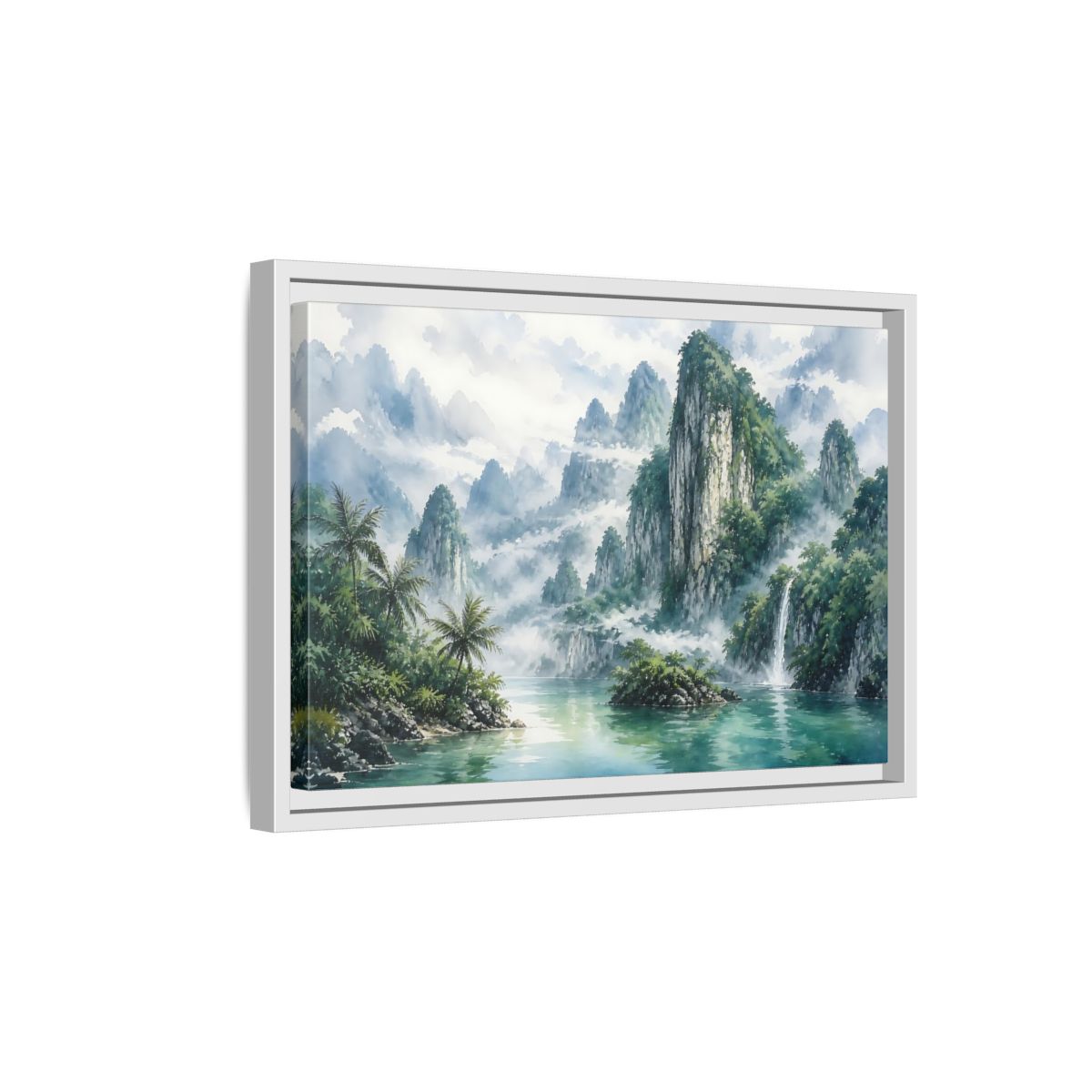 Side Mockup 4. Misty Mountain Waterfall shown as framed canvas print