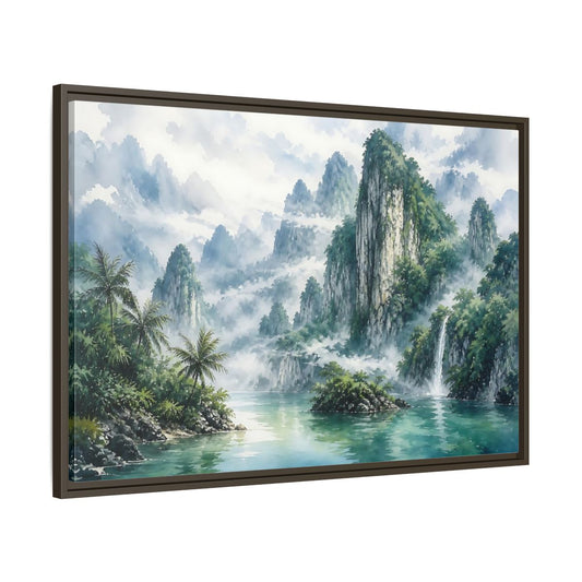 Main Mockup. Misty Mountain Waterfall shown as framed canvas print