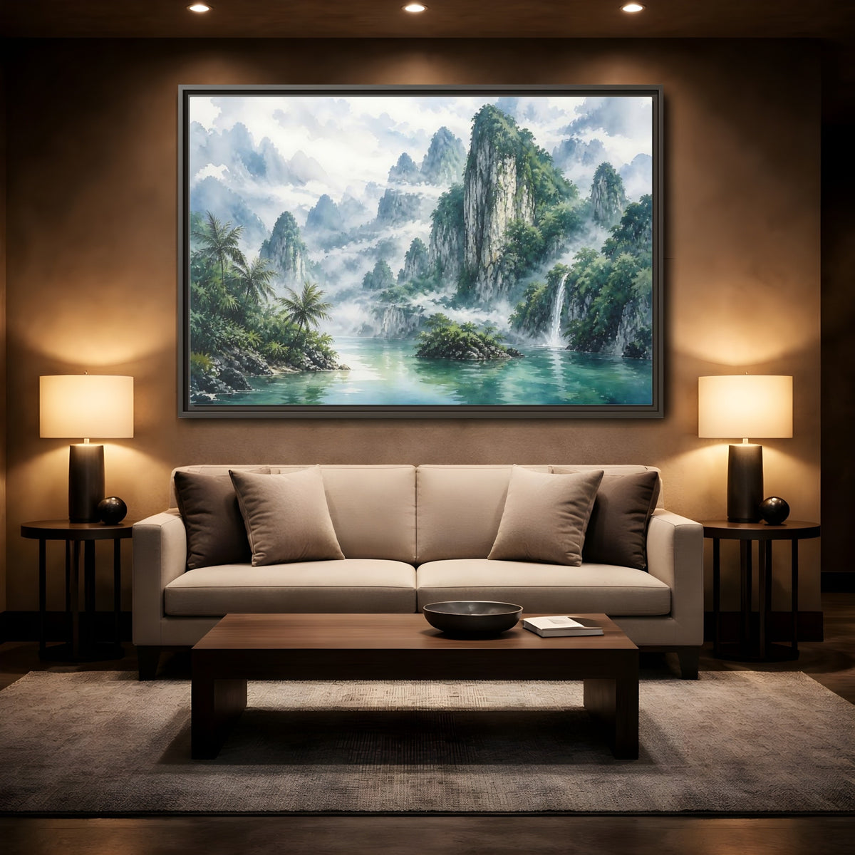 Mockup 2. Misty Mountain Waterfall shown as framed canvas print