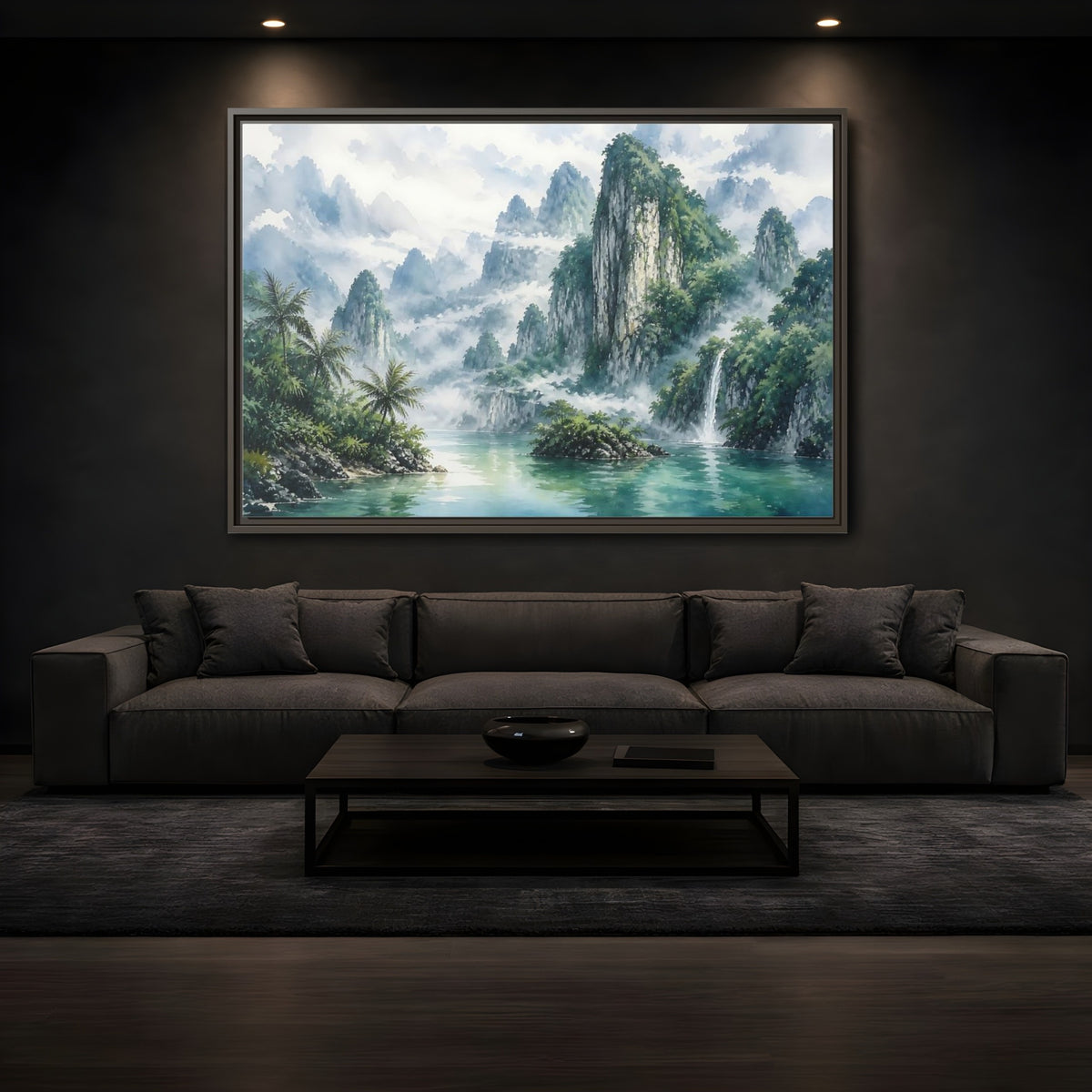 Mockup 3. Misty Mountain Waterfall shown as framed canvas print