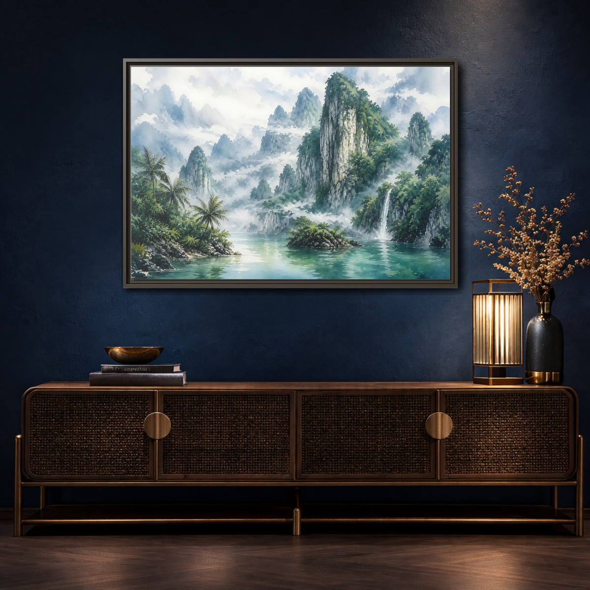 Mockup 4. Misty Mountain Waterfall shown as framed canvas print