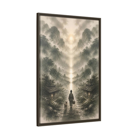 Main Mockup. Misty River Walk shown as framed canvas print