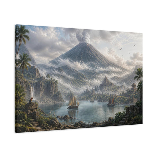 Main Mockup. Misty Volcanic Harbor shown as canvas print