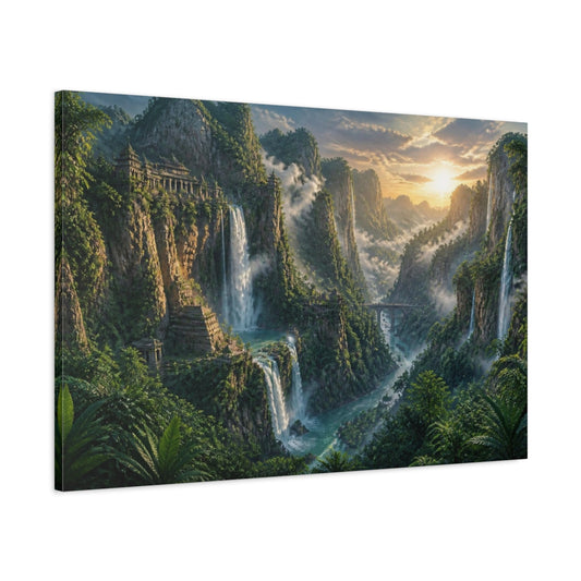 Main Mockup. Misty Waterfall Landscape shown as canvas print