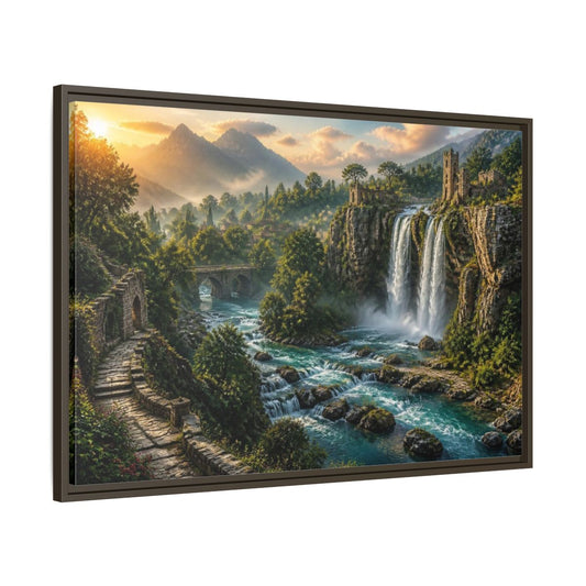 Main Mockup. Misty Waterfall Landscape shown as framed canvas print