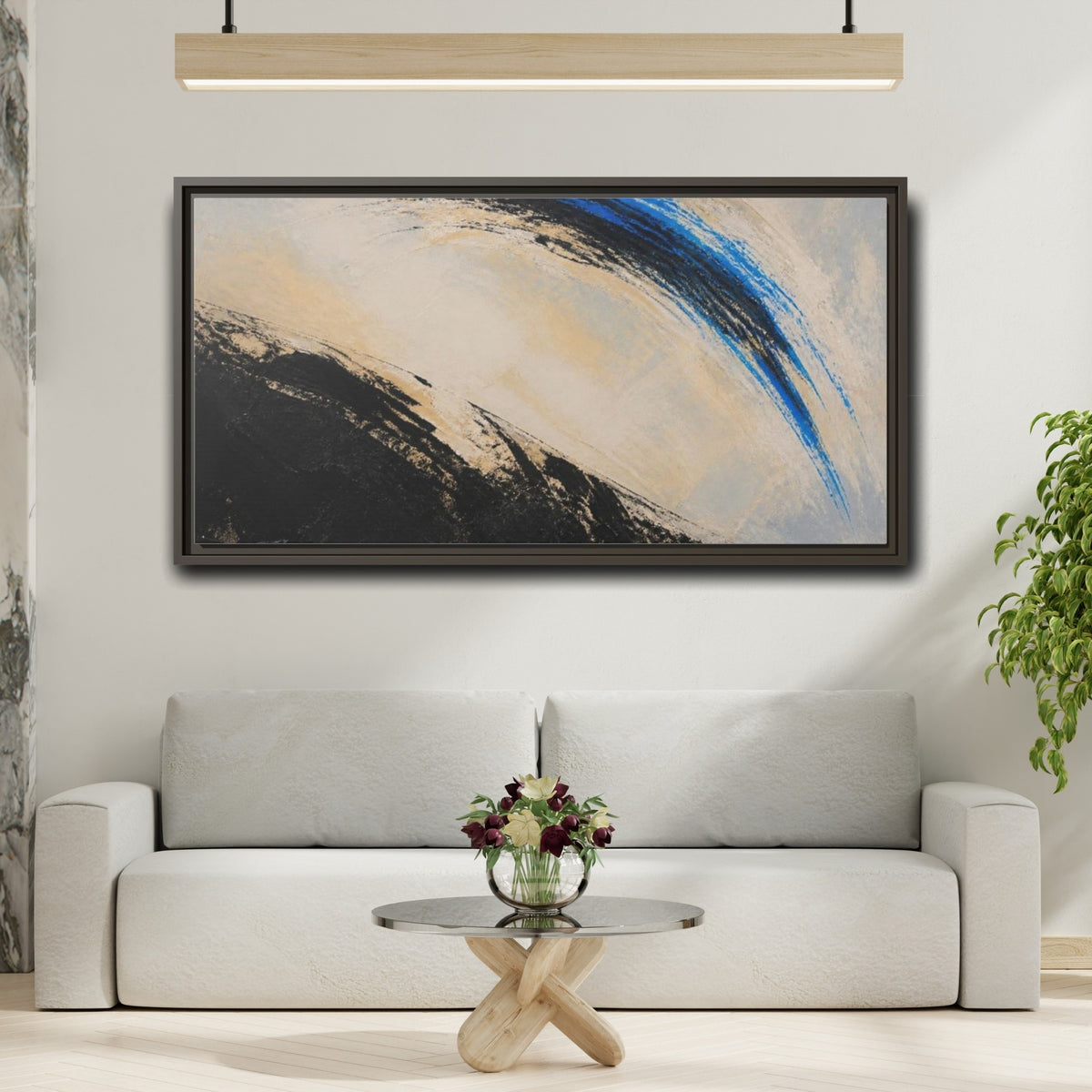 Mockup 2. Modern Blue Arc shown as framed canvas print