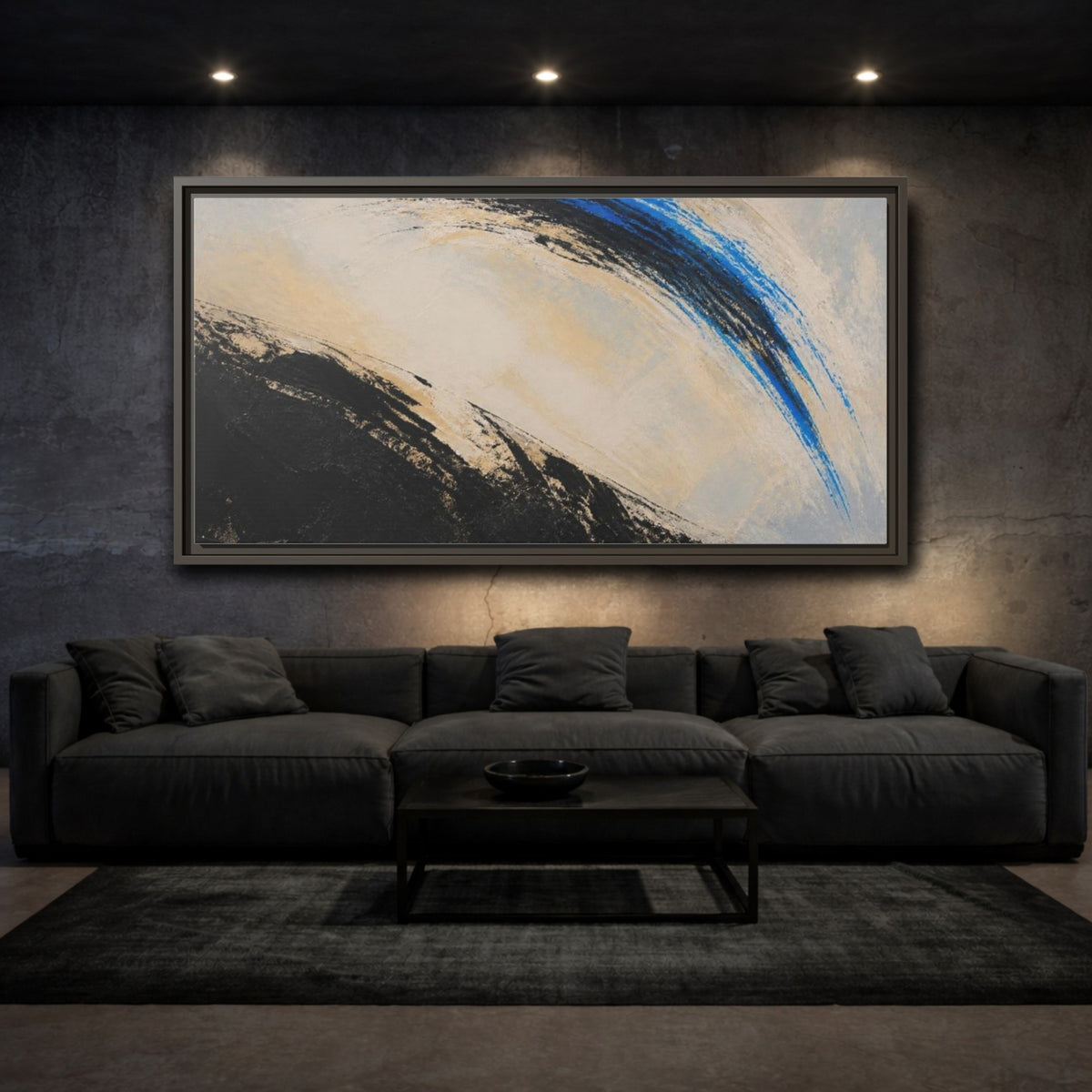 Mockup 3. Modern Blue Arc shown as framed canvas print