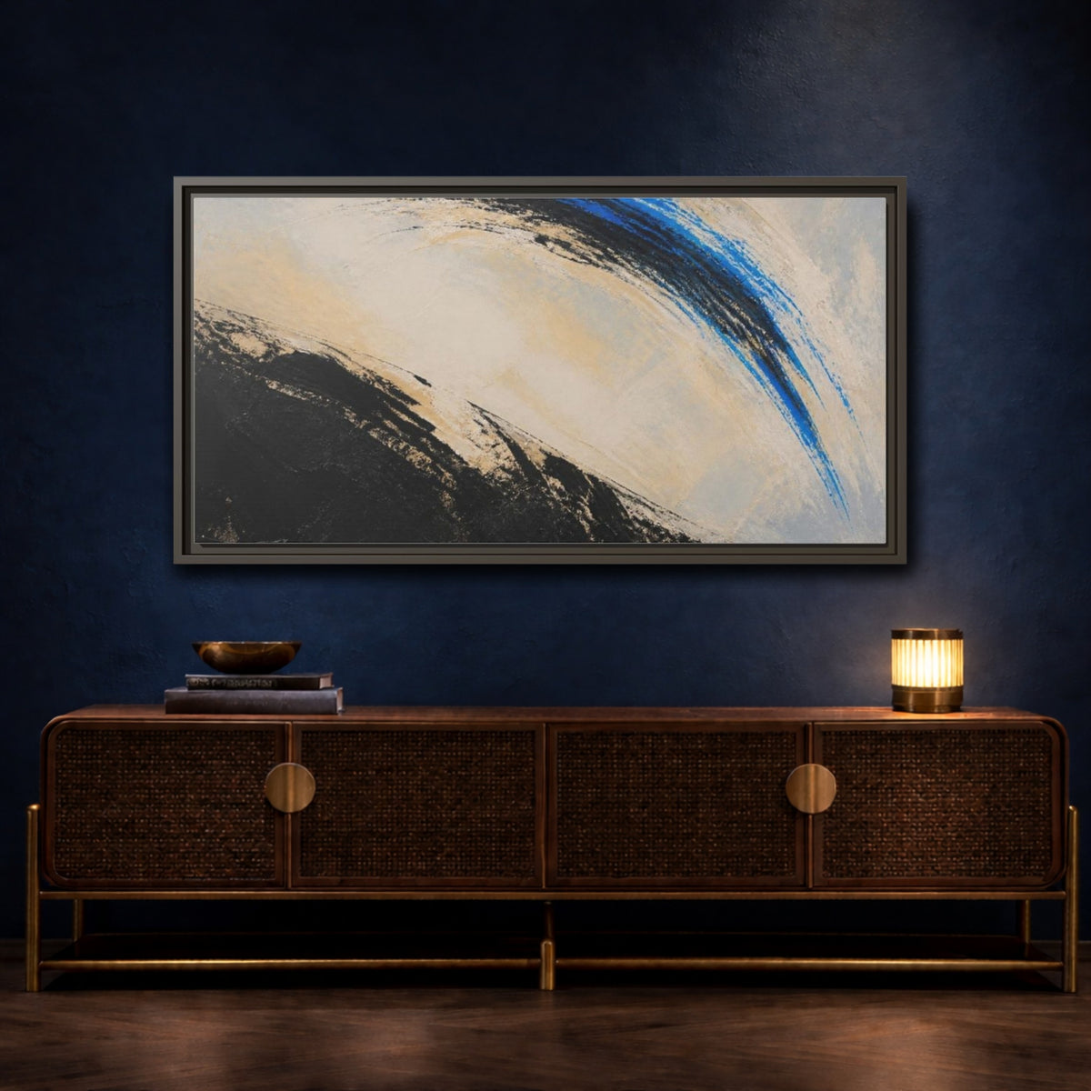 Mockup 4. Modern Blue Arc shown as framed canvas print