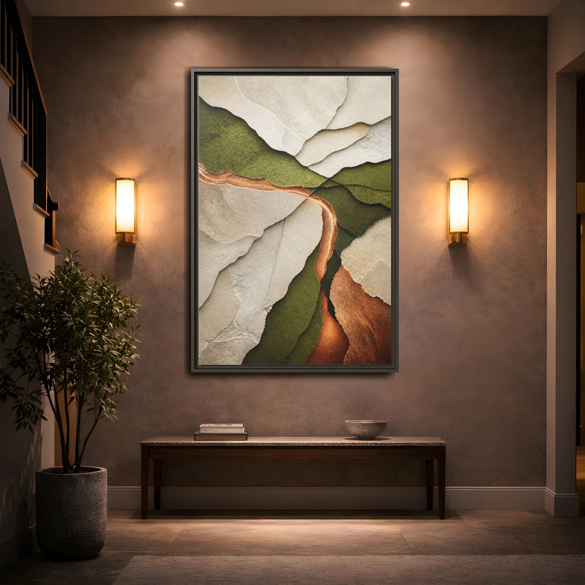 Mockup 2. Modern Copper Paper Layers shown as framed canvas print