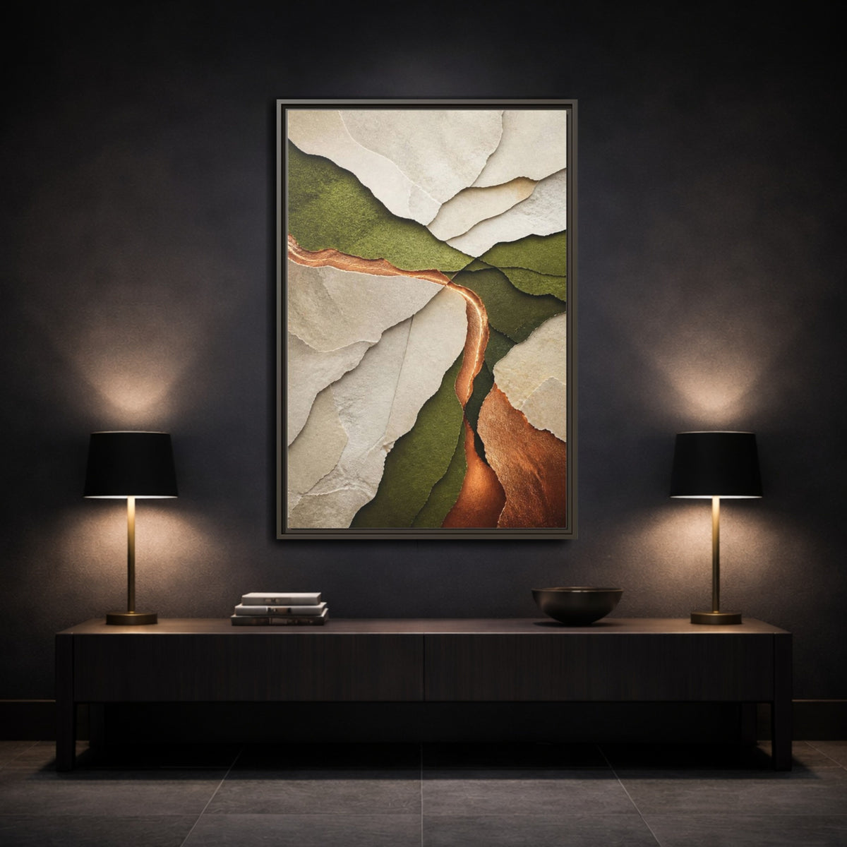 Mockup 3. Modern Copper Paper Layers shown as framed canvas print