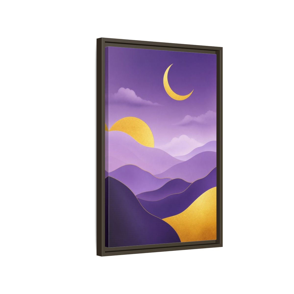 Side Mockup 2. Modern Crescent Moon Hills shown as framed canvas print