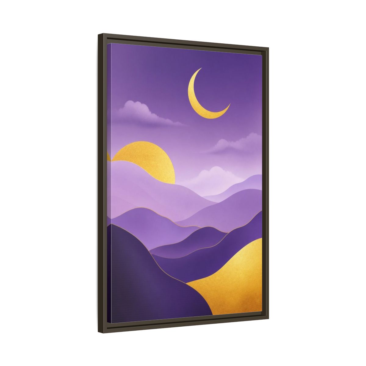 Side Mockup 11. Modern Crescent Moon Hills shown as framed canvas print