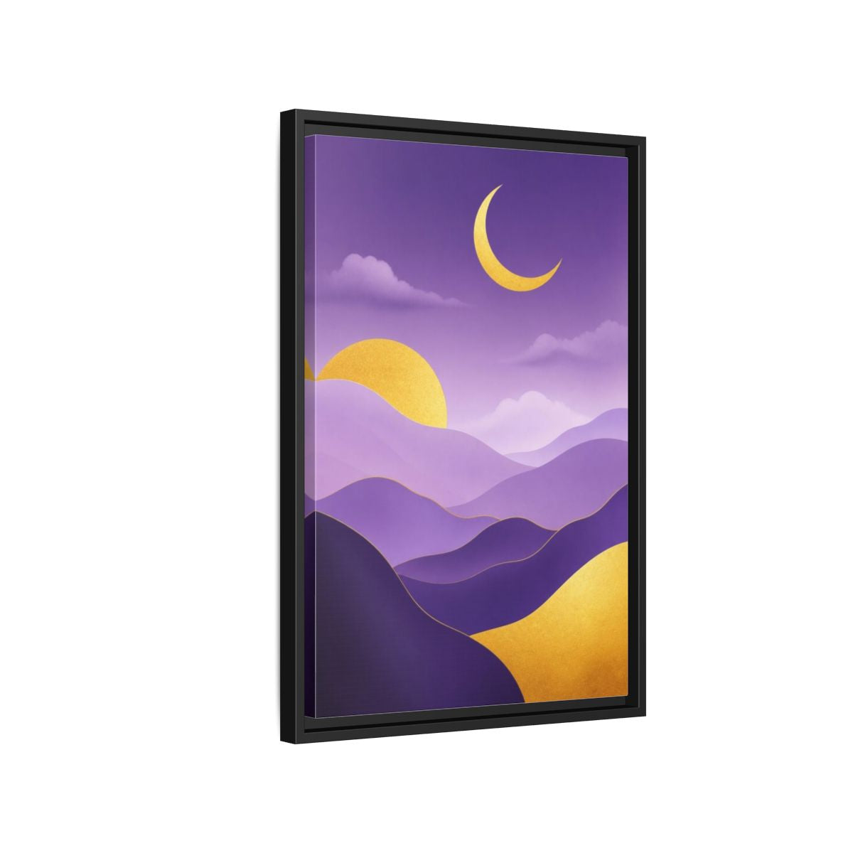 Side Mockup 3. Modern Crescent Moon Hills shown as framed canvas print