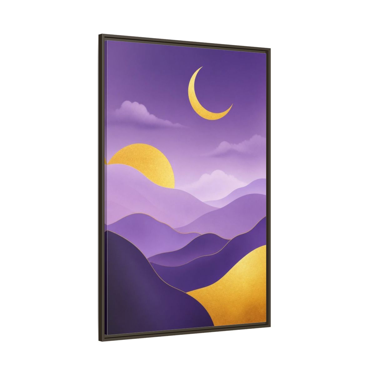 Side Mockup 8. Modern Crescent Moon Hills shown as framed canvas print