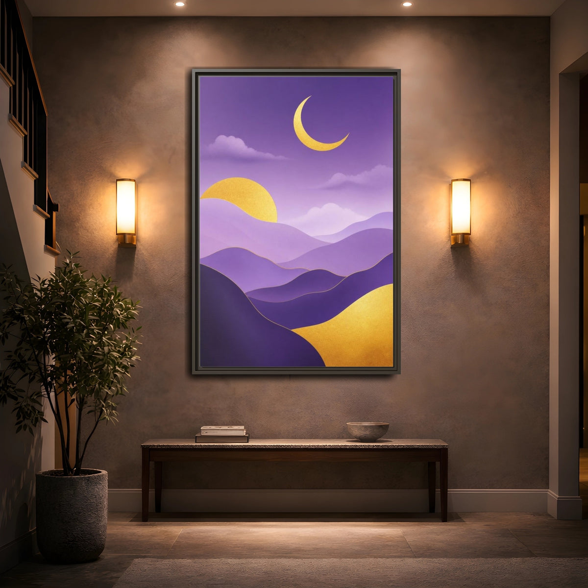 Mockup 2. Modern Crescent Moon Hills shown as framed canvas print