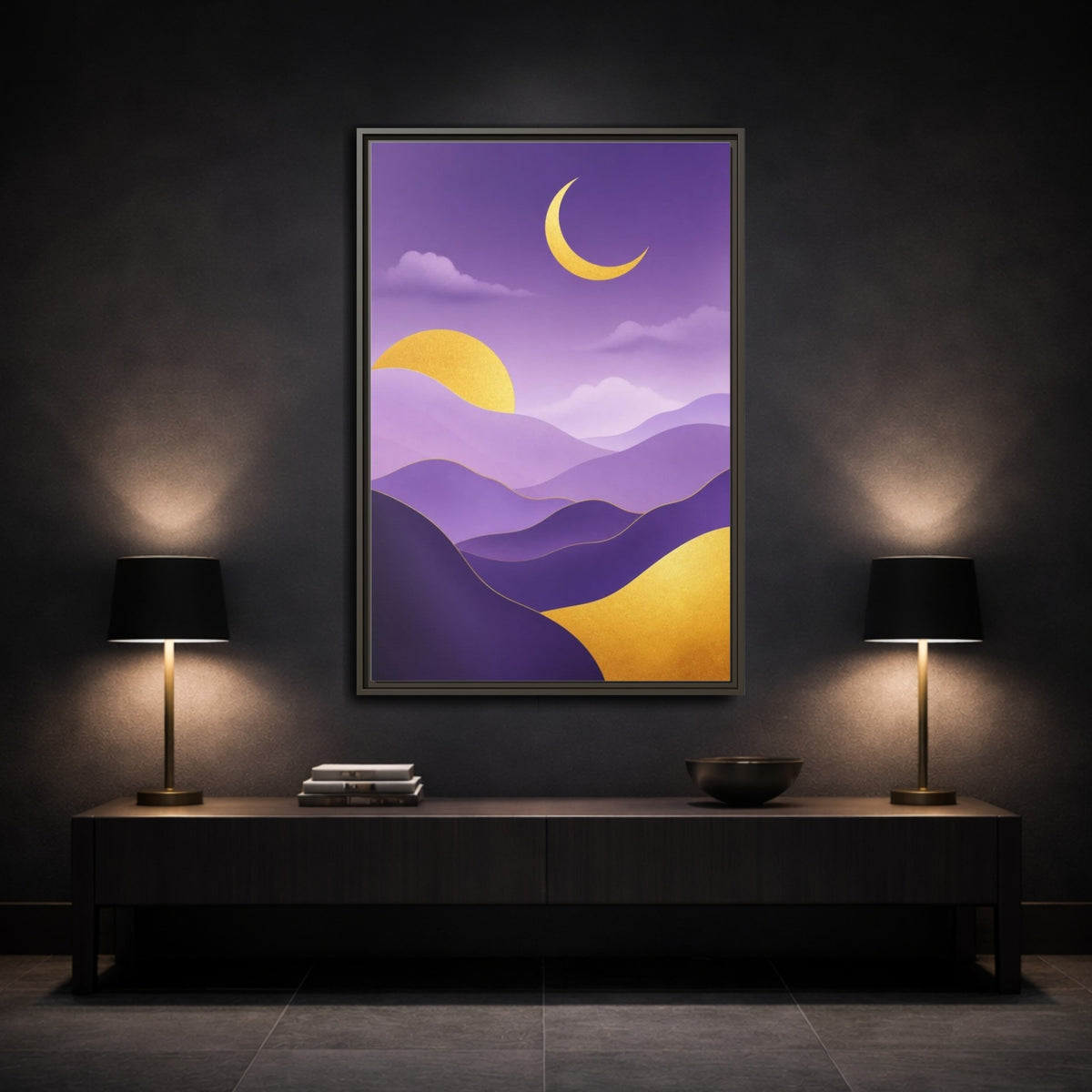 Mockup 3. Modern Crescent Moon Hills shown as framed canvas print