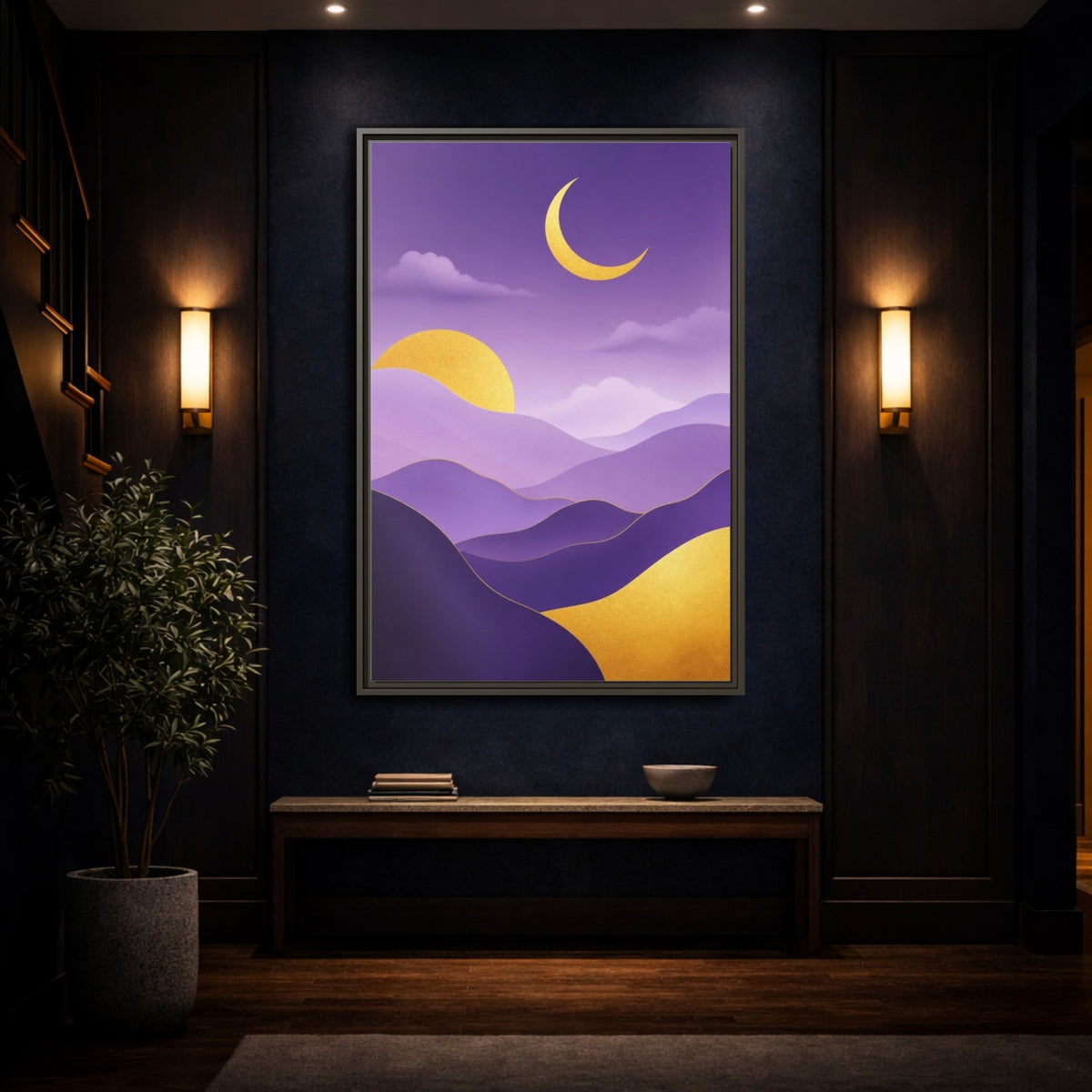 Mockup 4. Modern Crescent Moon Hills shown as framed canvas print