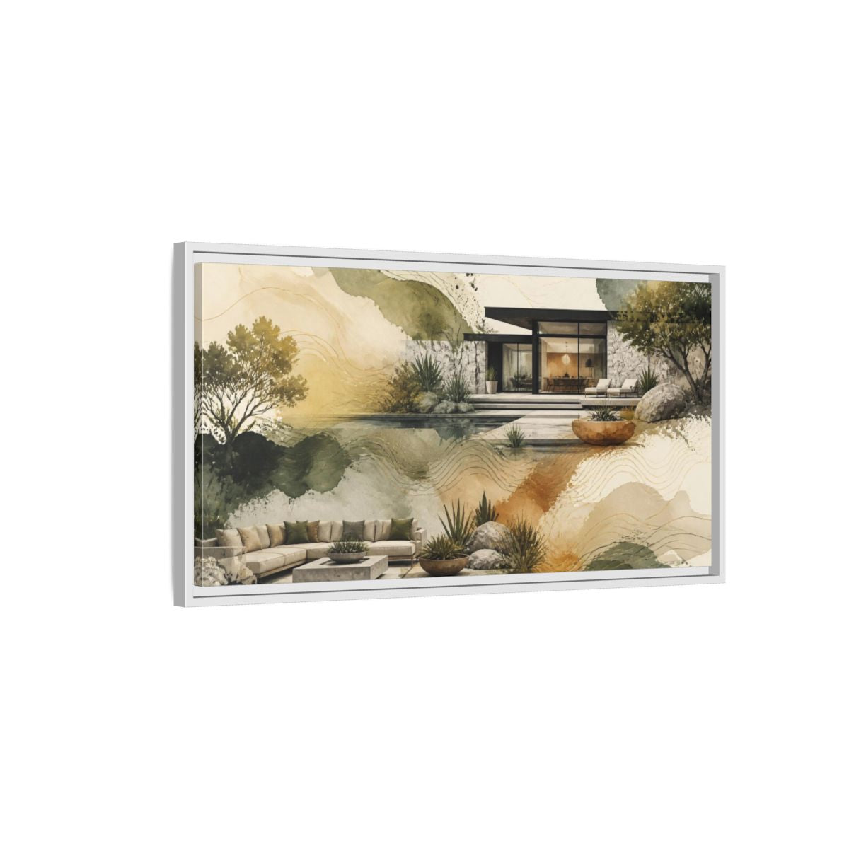 Side Mockup 1. Modern House By Pool shown as framed canvas print