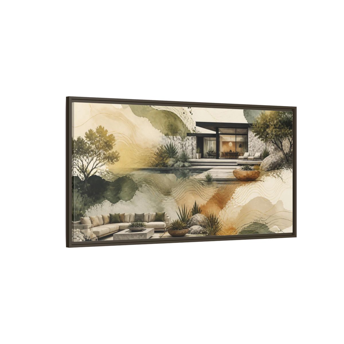 Side Mockup 4. Modern House By Pool shown as framed canvas print