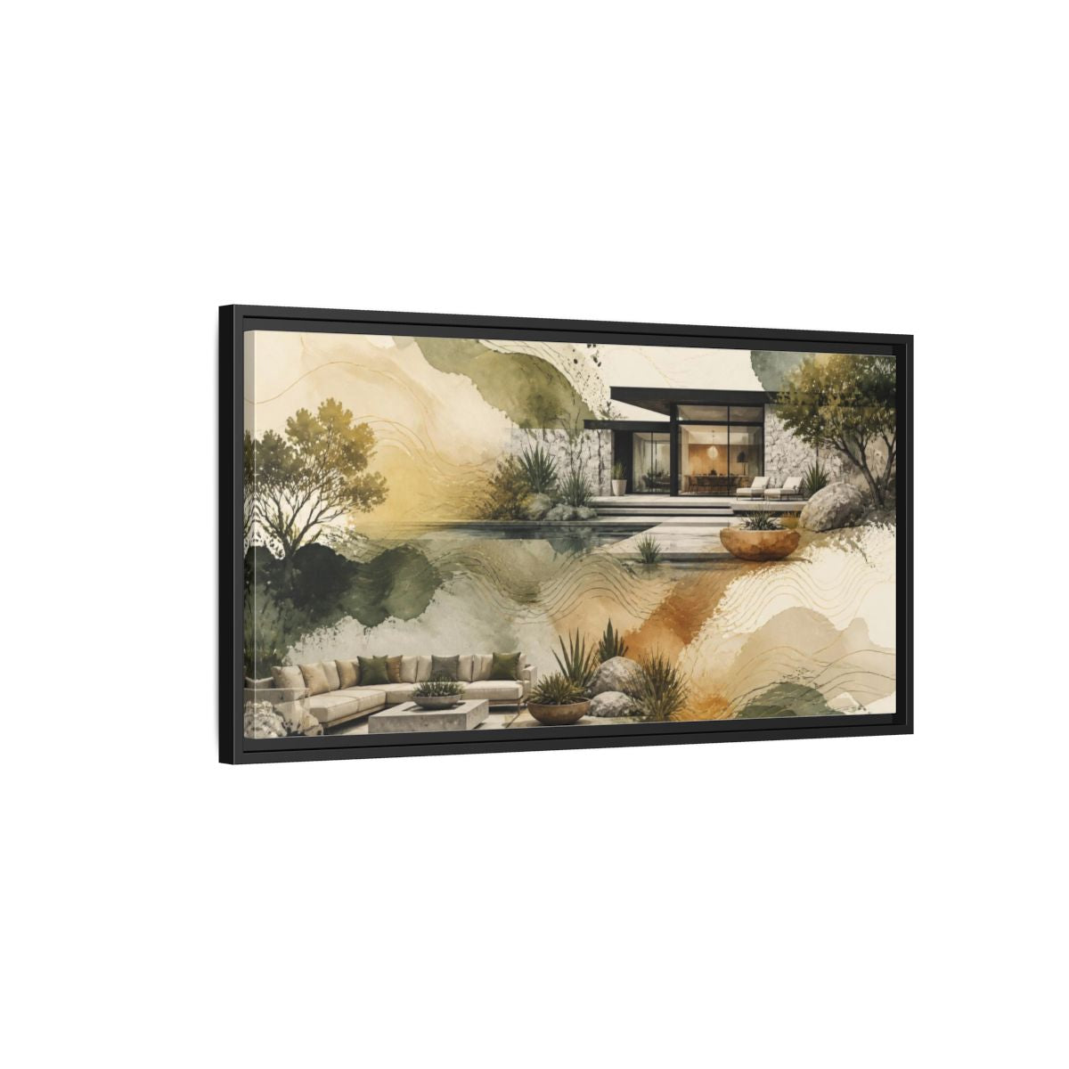 Side Mockup 2. Modern House By Pool shown as framed canvas print