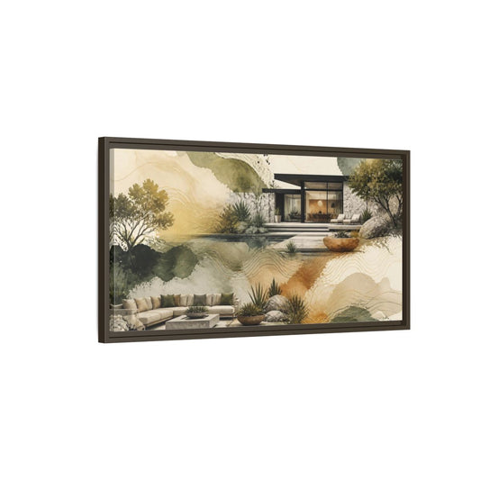 Main Mockup. Modern House By Pool shown as framed canvas print