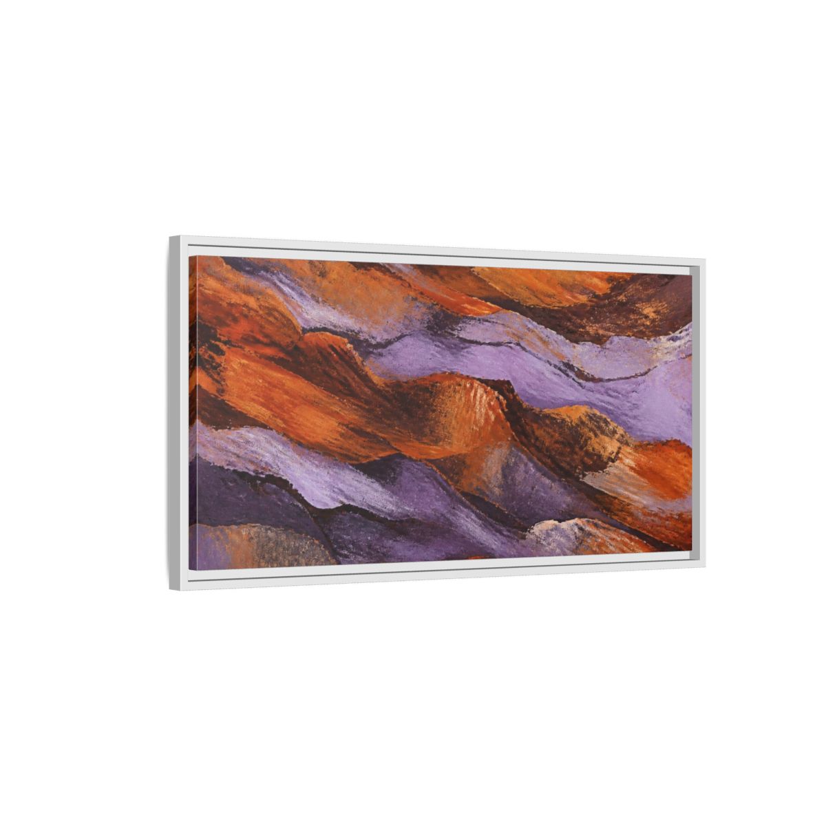 Side Mockup 1. Modern Lavender Strata shown as framed canvas print