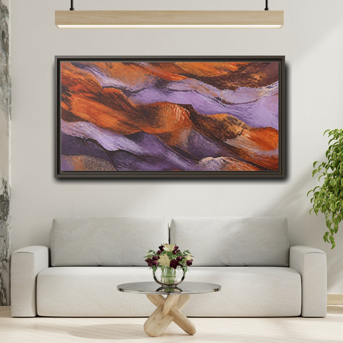 Mockup 2. Modern Lavender Strata shown as framed canvas print
