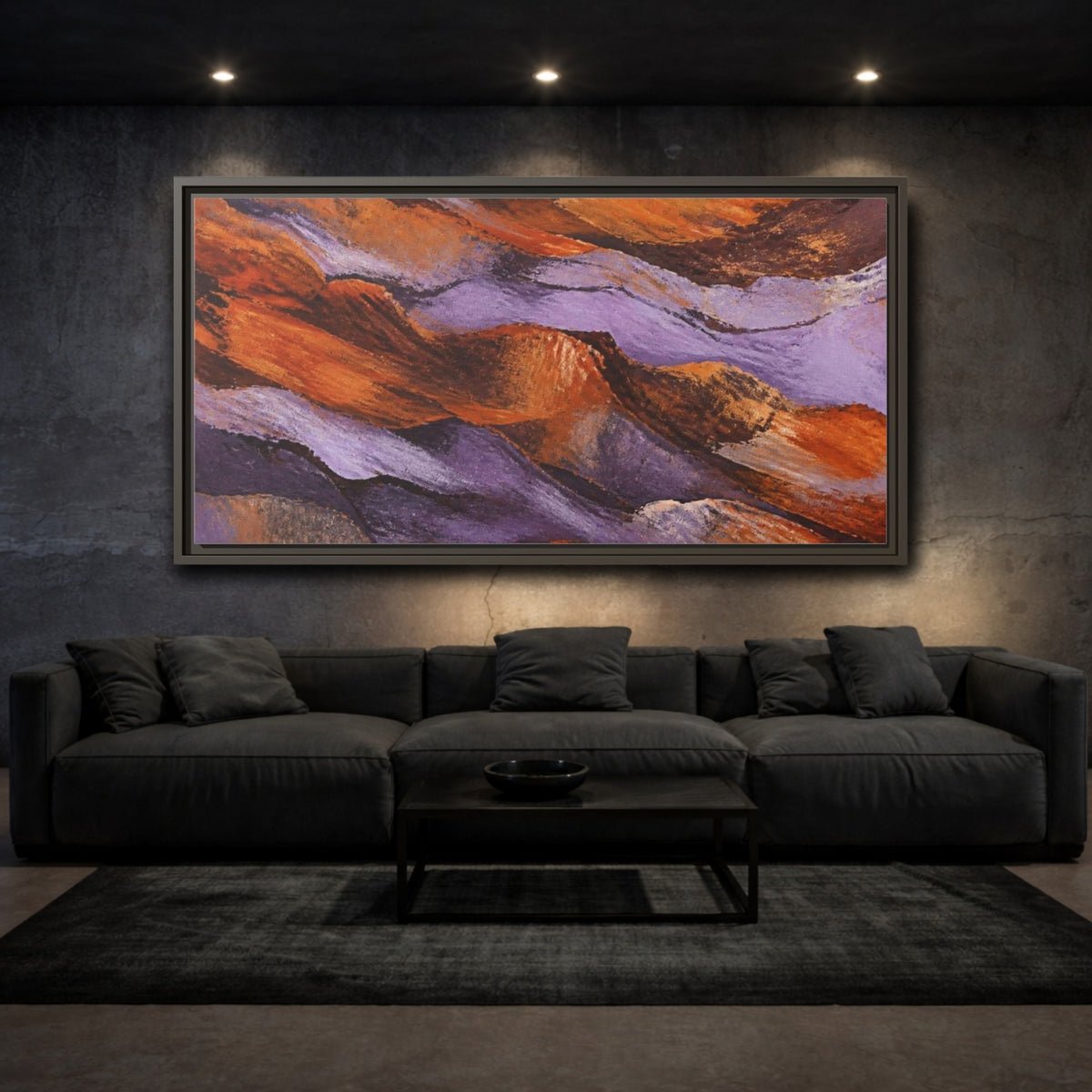 Mockup 3. Modern Lavender Strata shown as framed canvas print