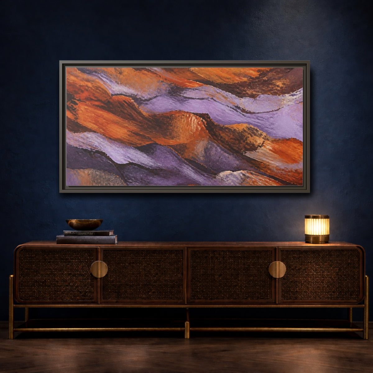 Mockup 4. Modern Lavender Strata shown as framed canvas print