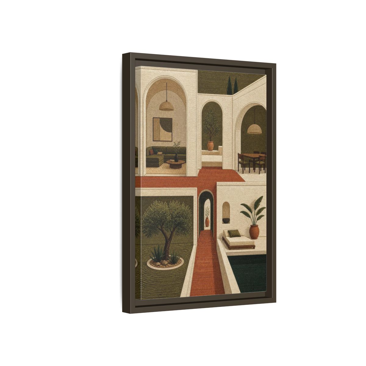 Side Mockup 5. Modern Olive Courtyard shown as framed canvas print