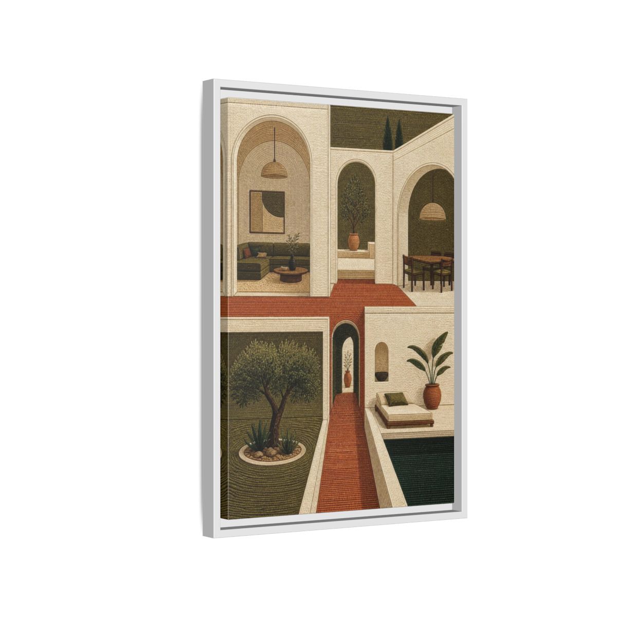 Side Mockup 1. Modern Olive Courtyard shown as framed canvas print