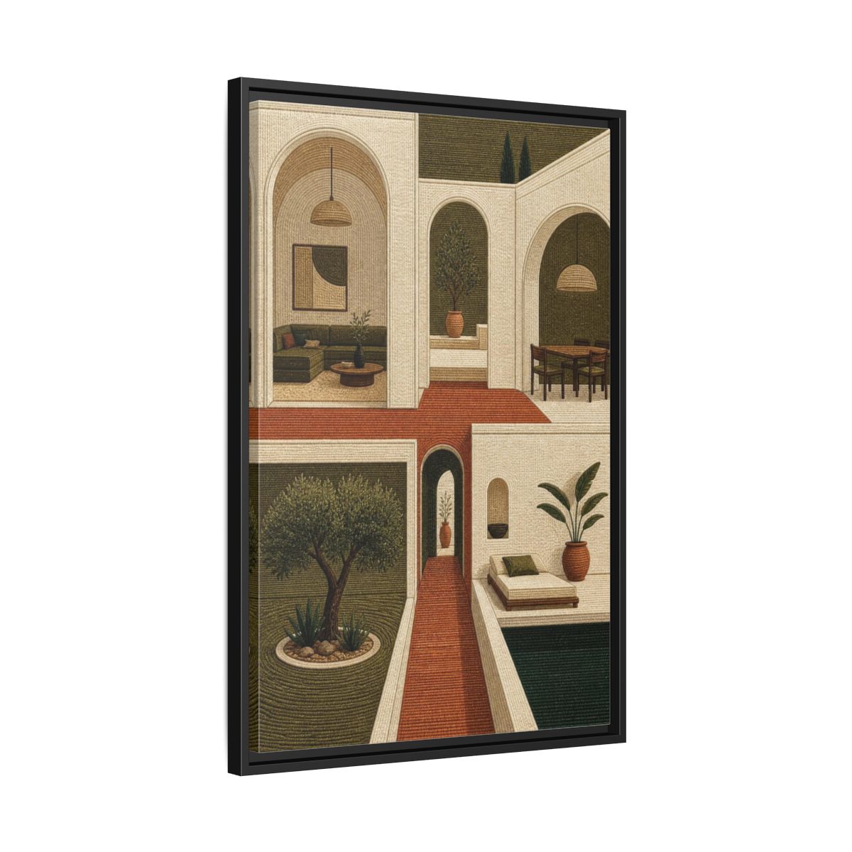 Side Mockup 14. Modern Olive Courtyard shown as framed canvas print