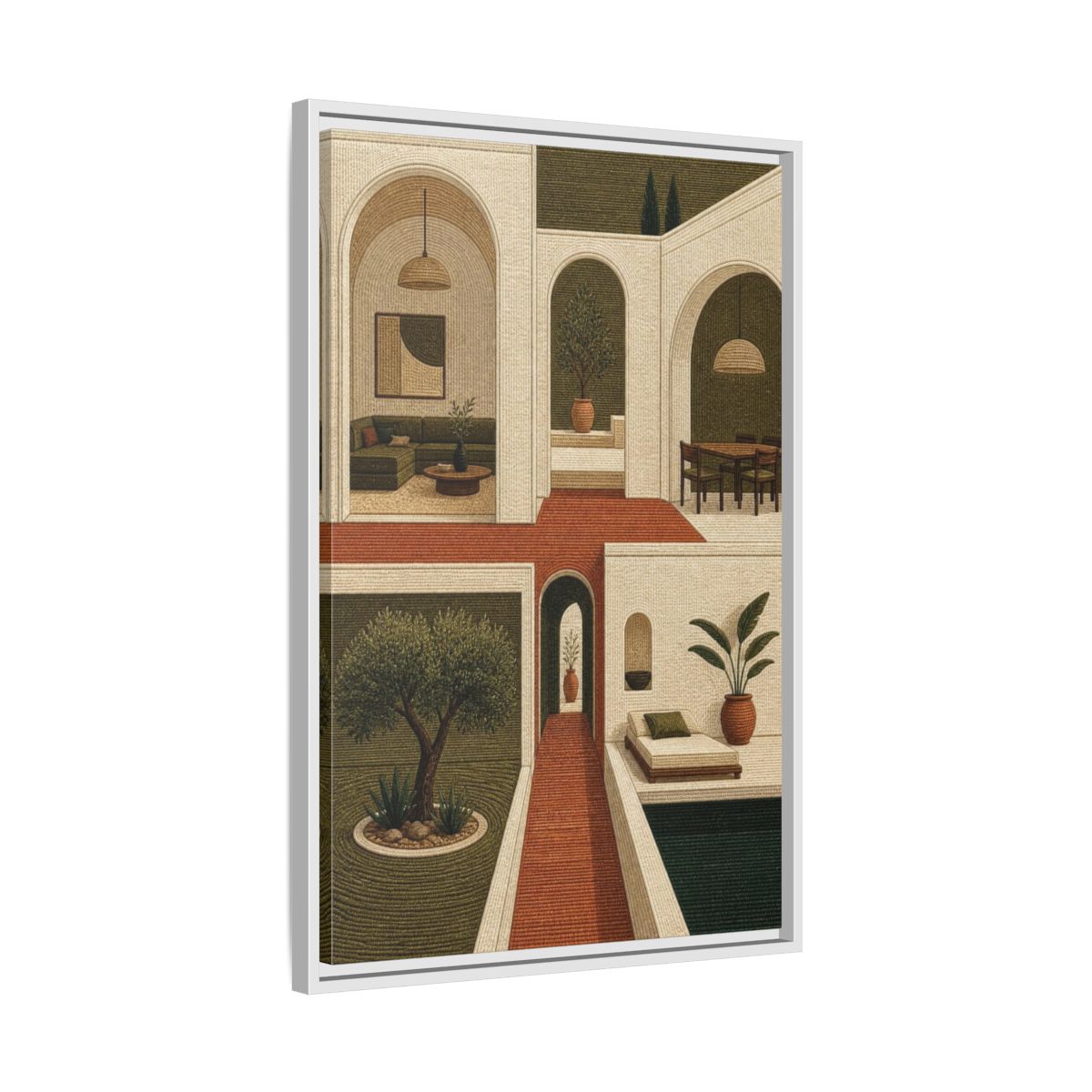 Side Mockup 10. Modern Olive Courtyard shown as framed canvas print