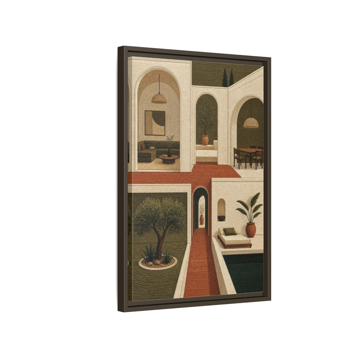 Side Mockup 2. Modern Olive Courtyard shown as framed canvas print