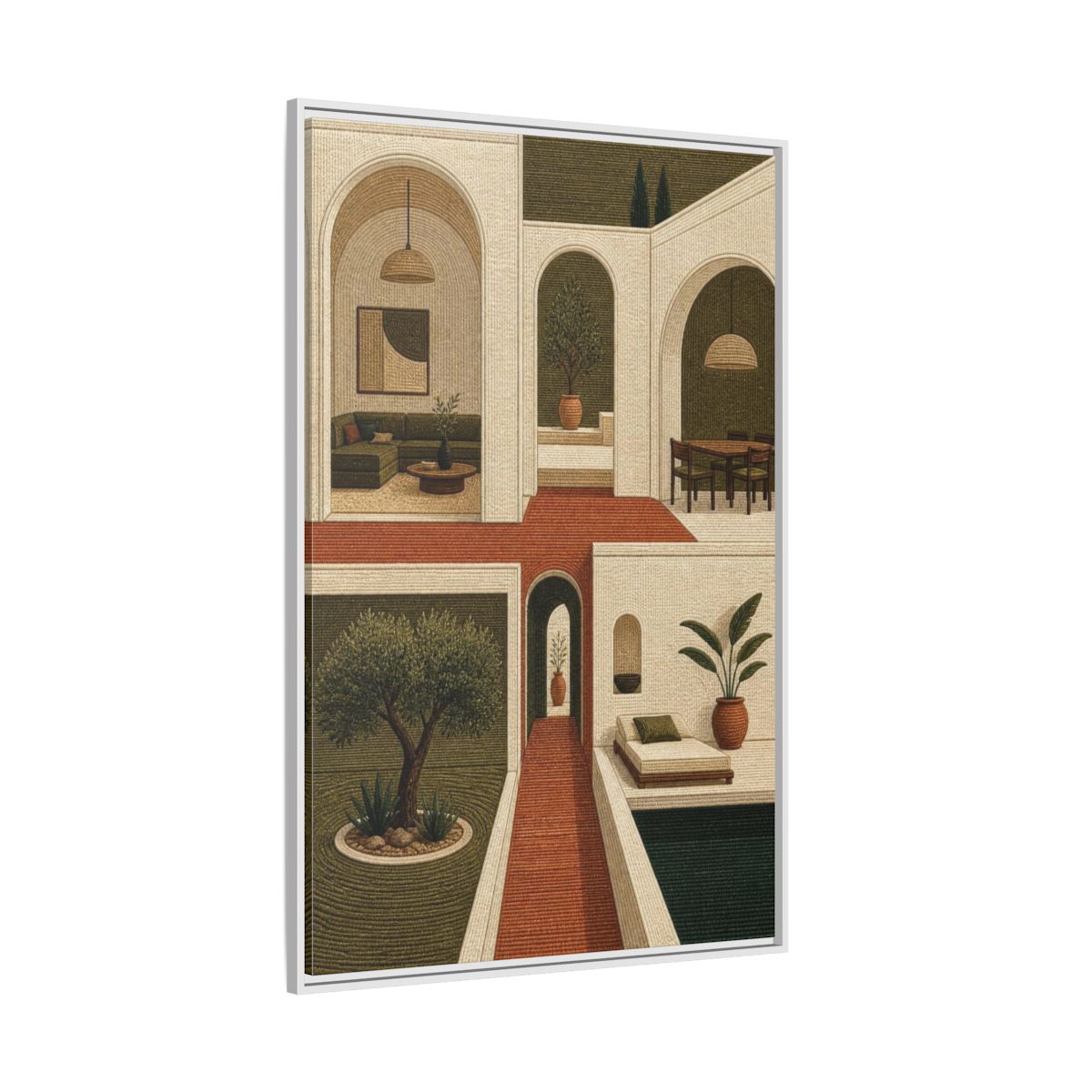 Side Mockup 7. Modern Olive Courtyard shown as framed canvas print