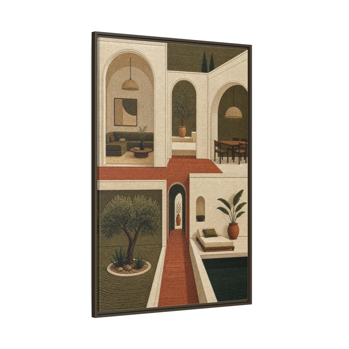 Side Mockup 8. Modern Olive Courtyard shown as framed canvas print