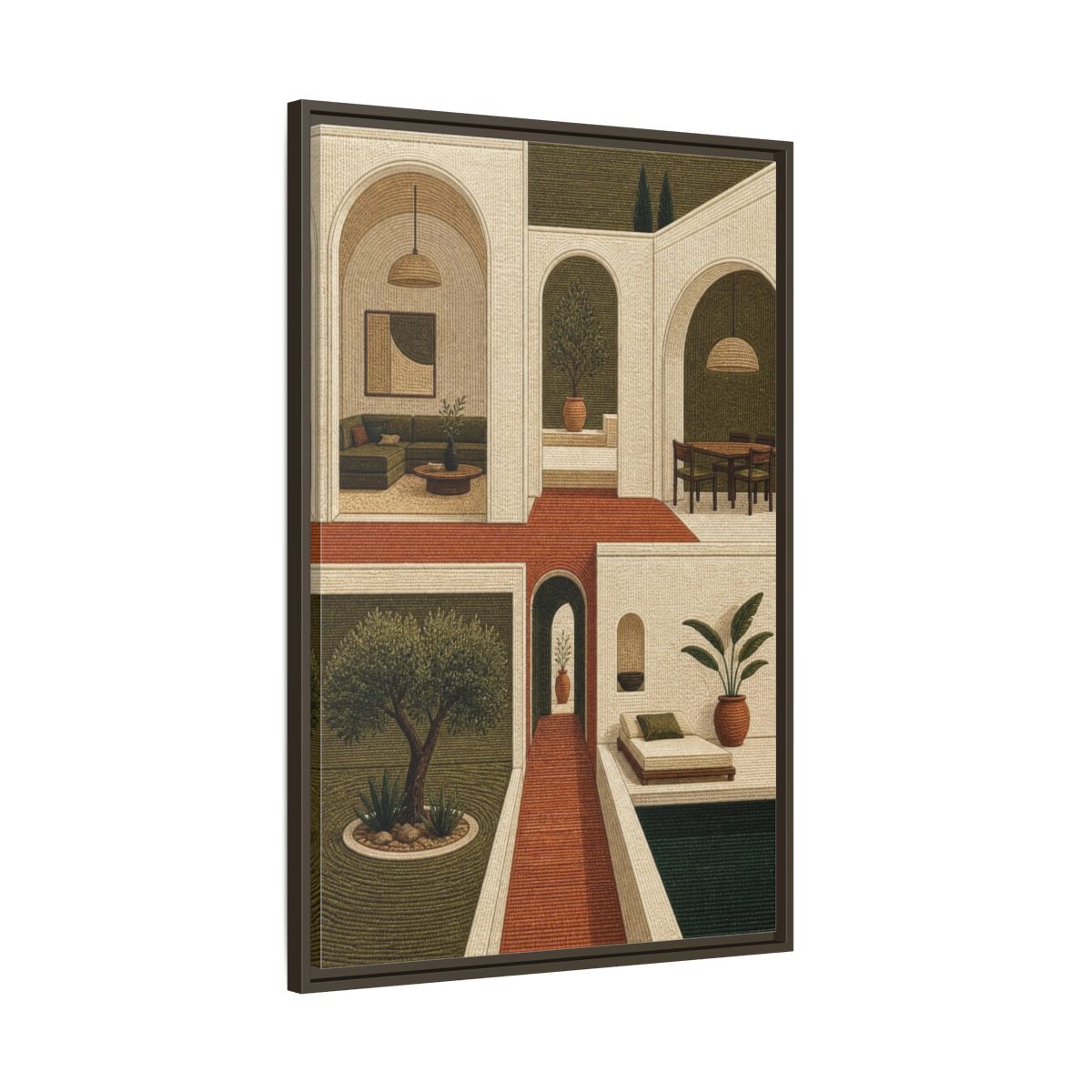 Main Mockup. Modern Olive Courtyard shown as framed canvas print
