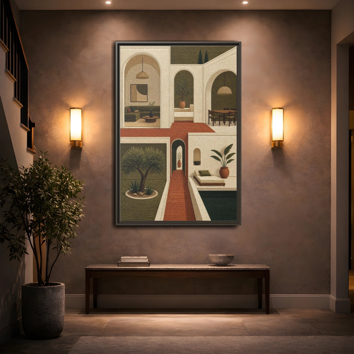 Mockup 2. Modern Olive Courtyard shown as framed canvas print