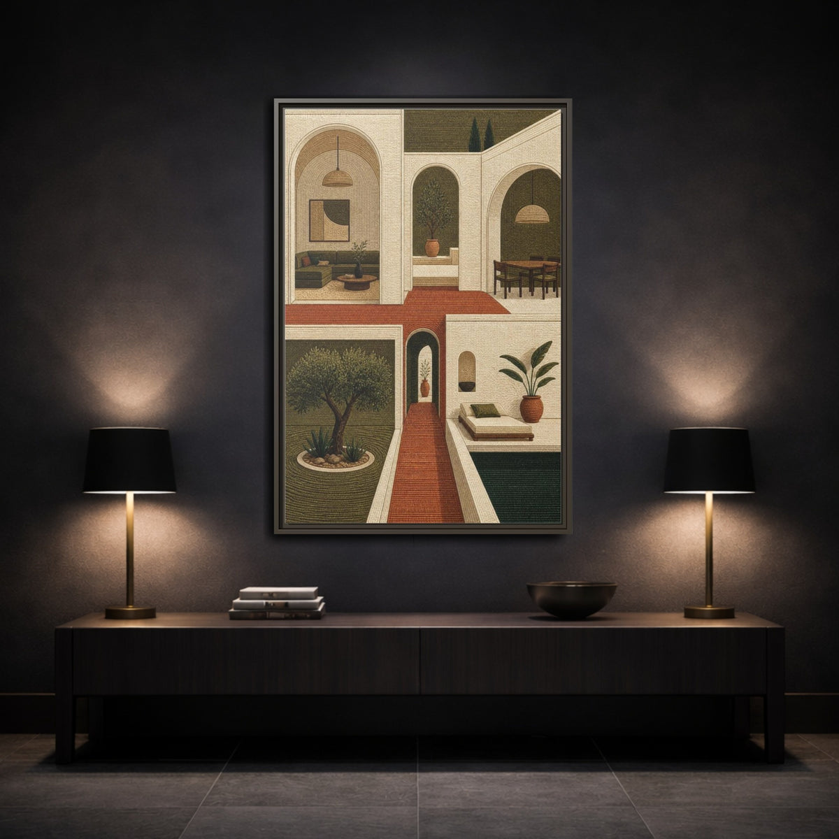 Mockup 3. Modern Olive Courtyard shown as framed canvas print