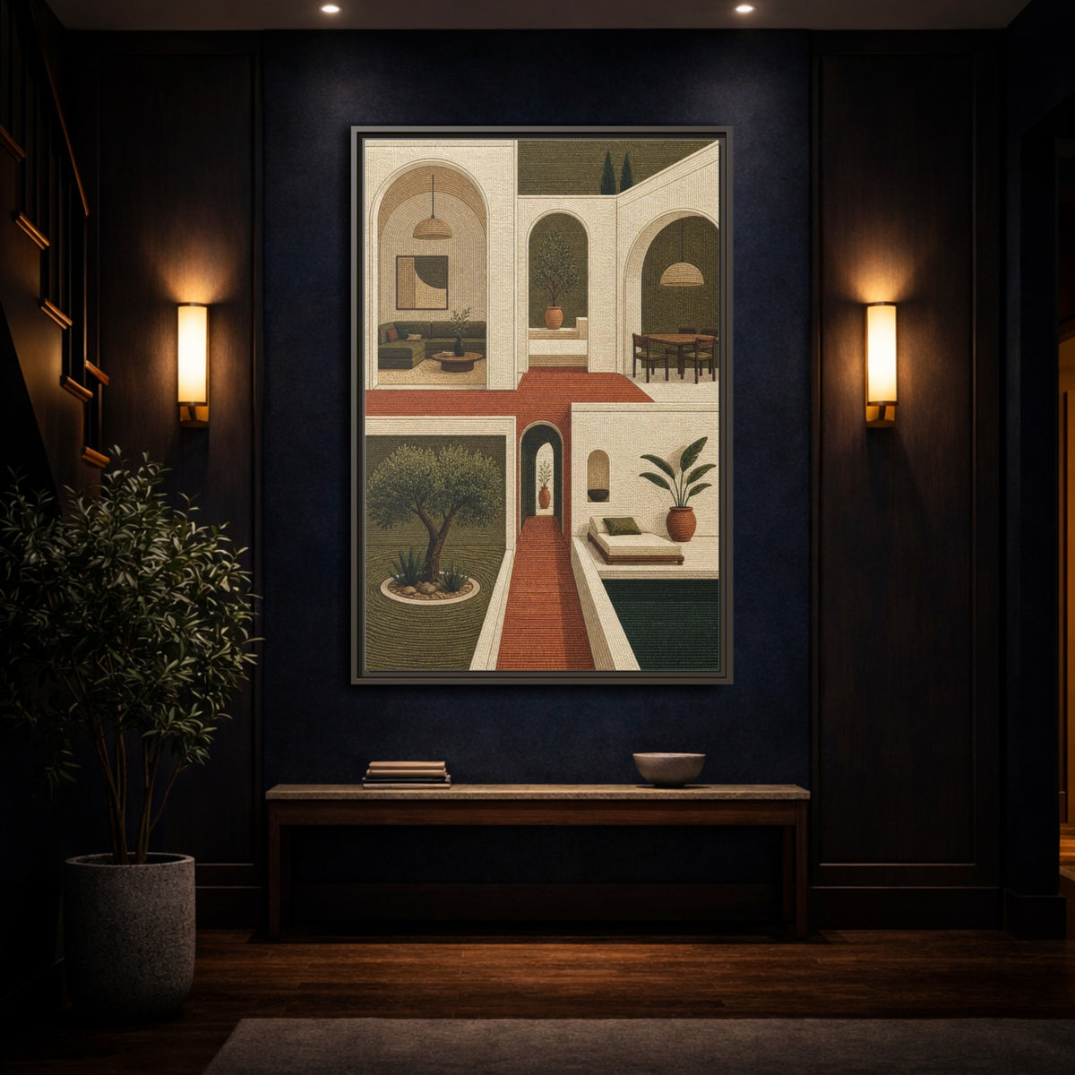 Mockup 4. Modern Olive Courtyard shown as framed canvas print