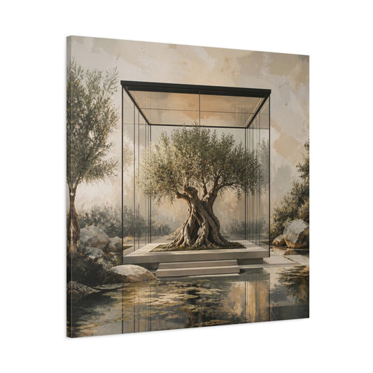 Main Mockup. Modern Olive Tree Sanctuary shown as canvas print
