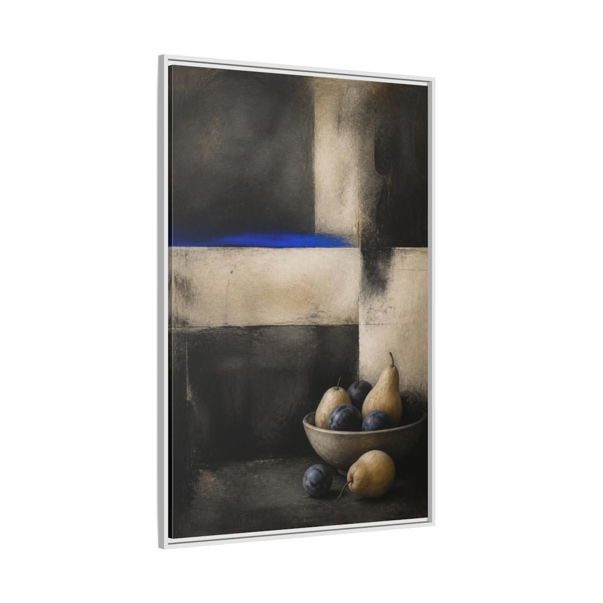 Side Mockup 7. Modern Pear Bowl With Cobalt Band shown as framed canvas print