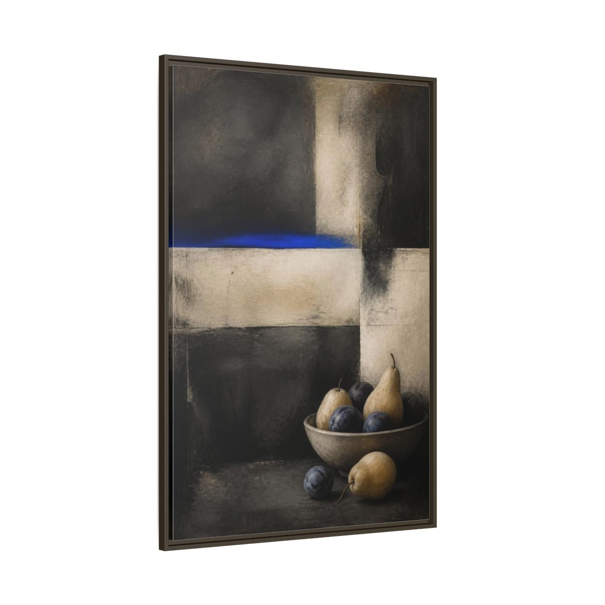 Side Mockup 8. Modern Pear Bowl With Cobalt Band shown as framed canvas print