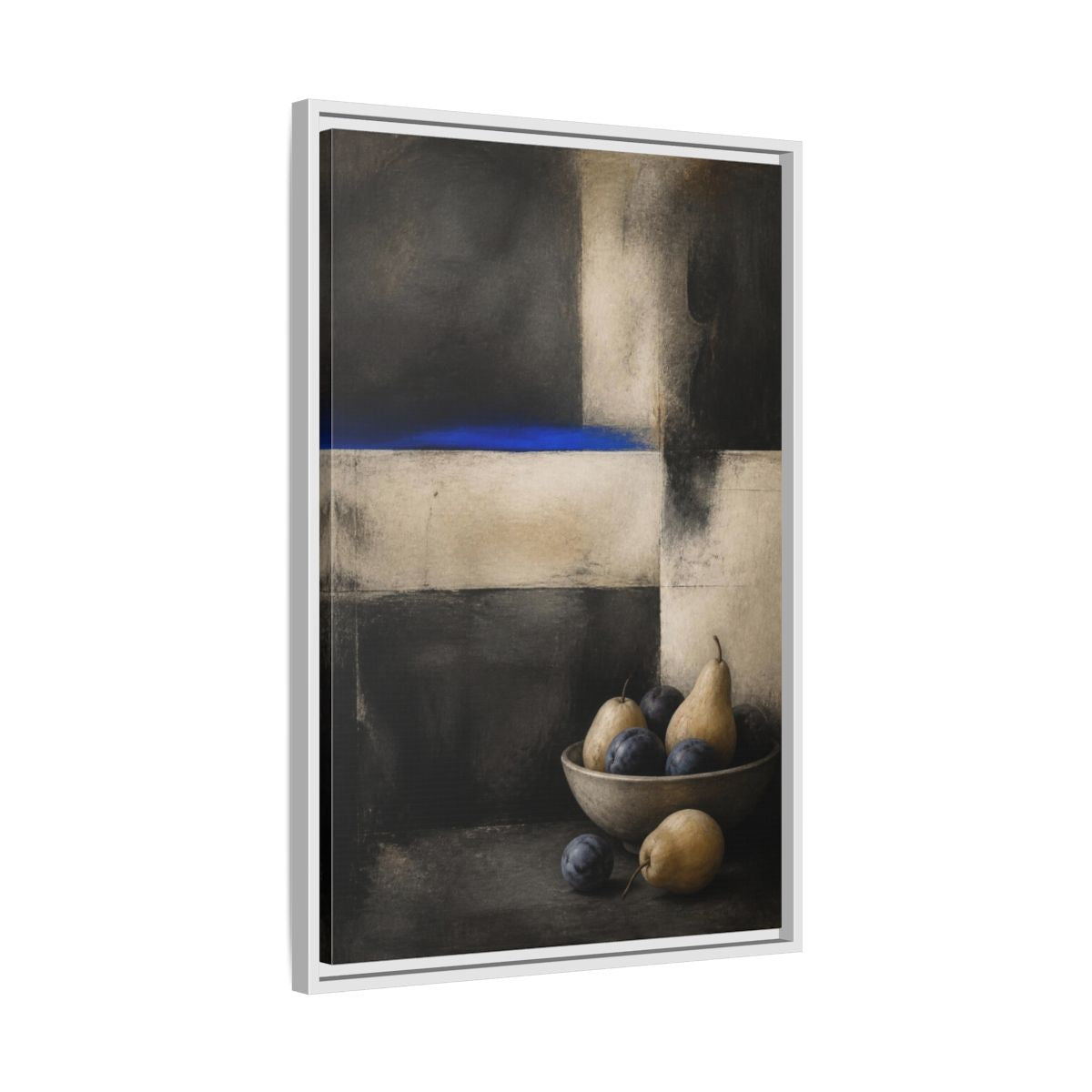 Side Mockup 10. Modern Pear Bowl With Cobalt Band shown as framed canvas print